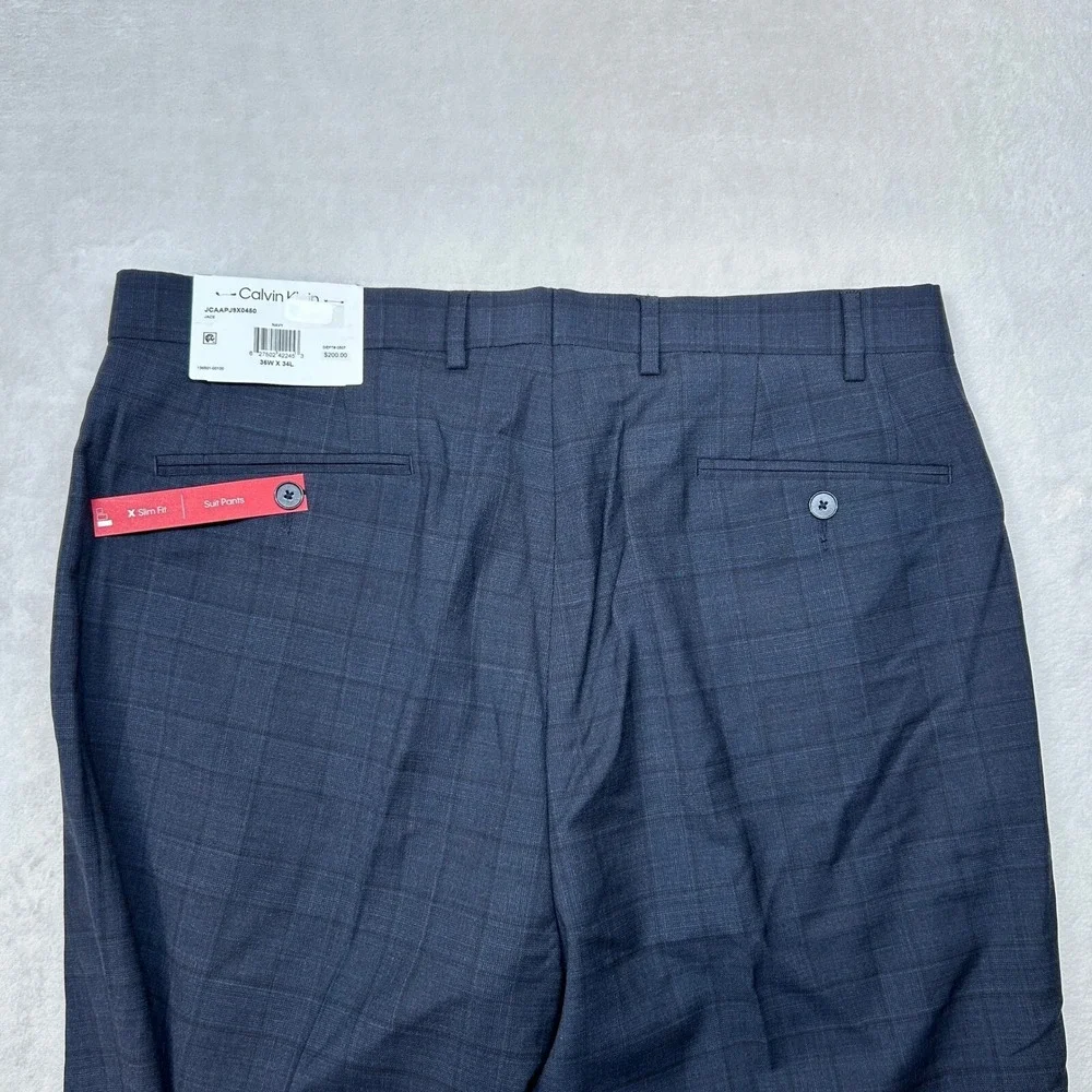 Calvin Klein Slim Fit Dress Pants‎ Mens 36x34 Navy Blue Plaid Stretch Wool NEW